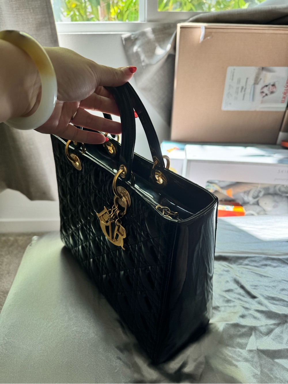 Dior Black Patent Leather Lady Dior Satchel with Gold Hardware Very New - Picture 9 of 11